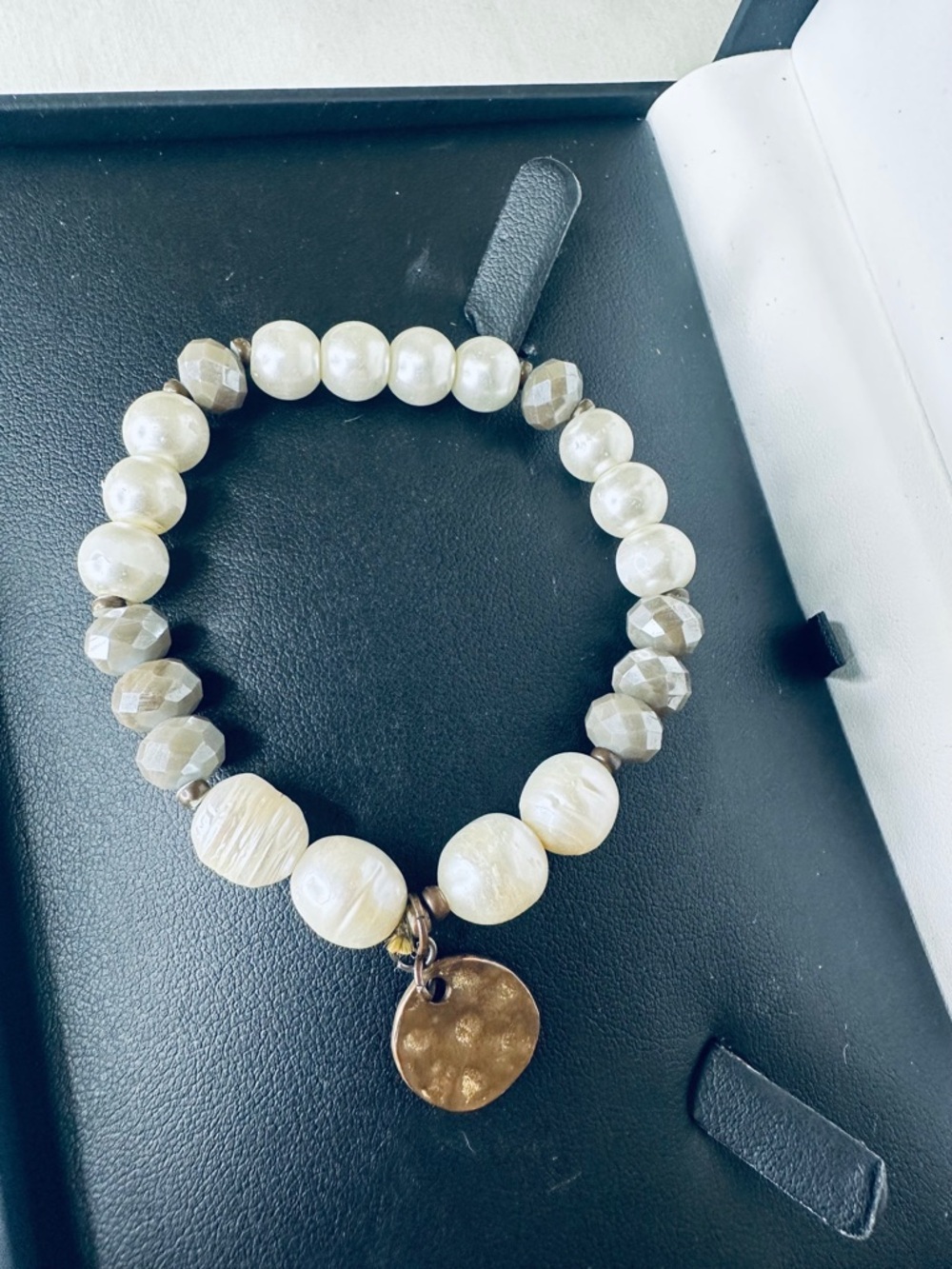 Pearl and Faceted Bead Stretch Bracelet with Bronze Charm - Cream